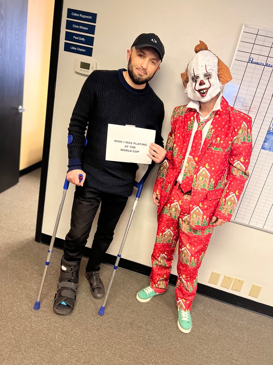 EmbarkIT's tweet image. The team at #EmbarkIT HAD to partake in some early #Halloween fun today at work. Please enjoy Tyler as Jason, the resemblance is uncanny. A Christmas Clown, a "Cereal killer," an injured soccer player, and an unofficial "Crowtagonist" from the unreleased video game "Crowsworn."