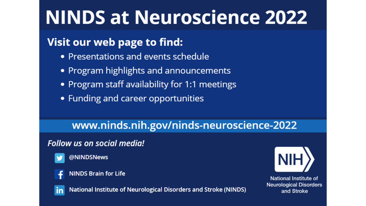 Attending the <a href="/SfNtweets/">Society for Neuroscience (SfN)</a> annual meeting in person? Please visit us at the National Institutes of Health booth (3301) in the Exhibit Hall! Explore related content, programs, and initiatives: ninds.nih.gov/news-events/ev…. #SfN22 #NS22