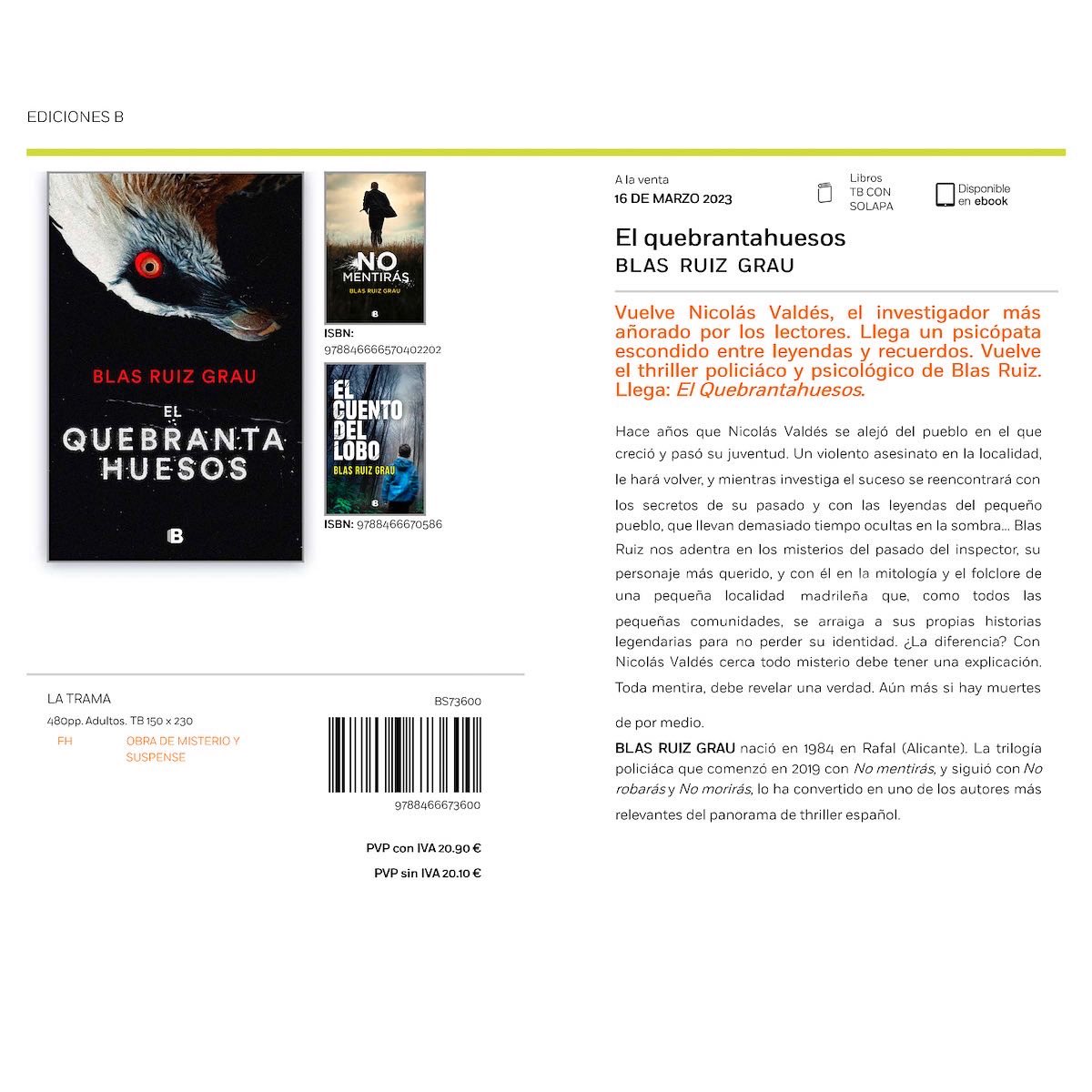¡Aquí lo tenéis!
El día 16 de marzo de 2023 llegará a vosotros «El Quebrantahuesos», mi próxima novela.
Supondrá el regreso del inspector <a href="/NicolasValdes84/">Inspector Nicolás Valdés</a> y no tengo dudas de que es mi historia más potente.
¿Tenéis ganas?