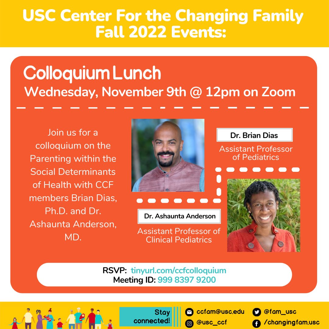 fam_usc's tweet photo. 🗓Mark your calendars!

Join us virtually on Wednesday 11/9 at 12pm for a colloquium on the Parenting within the Social Determinants of Health with CCF x CHLA members Dr. Brian Dias, Ph.D. and Dr. Ashaunta Anderson, MD.

Link 🔗: https://t.co/5xJ17W5crZ
(Also in bio) https://t.co/uVdpnYTjxg