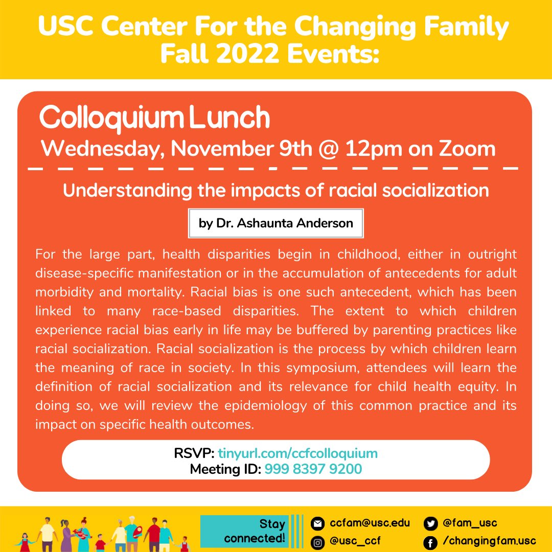 🗓Mark your calendars!

Join us virtually on Wednesday 11/9 at 12pm for a colloquium on the Parenting within the Social Determinants of Health with CCF x CHLA members Dr. Brian Dias, Ph.D. and Dr. Ashaunta Anderson, MD.

Link 🔗: tinyurl.com/ccfcolloquium
(Also in bio)