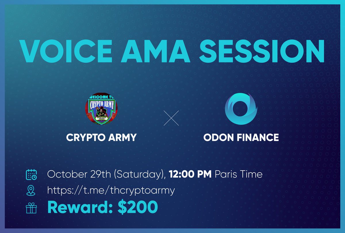 OdonFinance's tweet photo. 🎙️We're pleased to announce our first Voice #AMA with 
@thecryptoarmy7 on 29th October at 12 PM Paris Time

💰Prize: 200$

🏠 Venue : https://t.co/ElAYID4BOR

See you there! 🚀

#voiceama #crypto #web3 https://t.co/HP8In39p6o