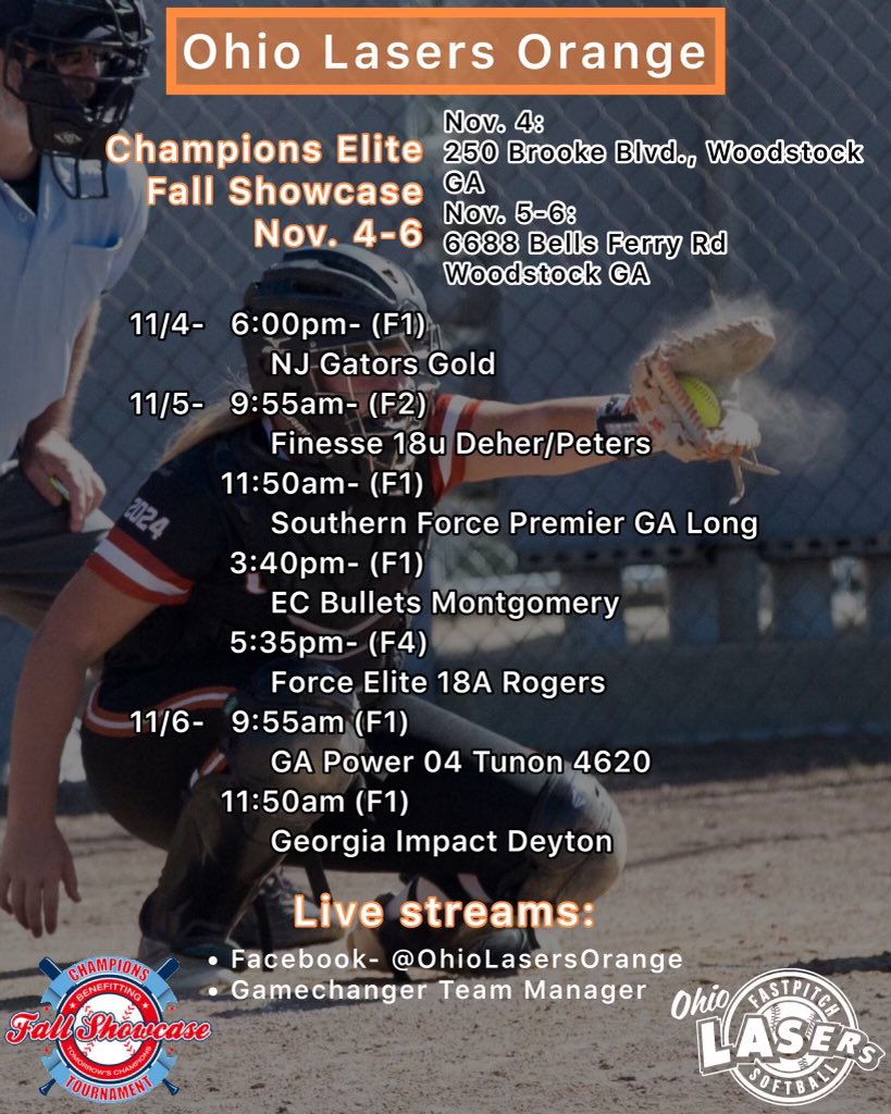 Schedule for next weekend Nov 4-6 at <a href="/CFPAShowcases/">Champions Elite Showcases</a> in Woodstock GA for our final weekend of the Fall
#LetsGo