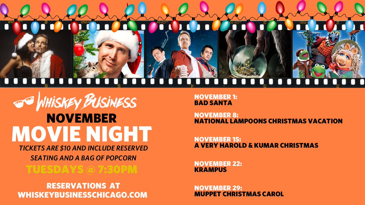 NOVEMBER MOVIE NIGHTS!! Grab your tickets for a fun night out watching some of your faves! 🍿😎
 
Reservations at WhiskeyBusinessChicago.com