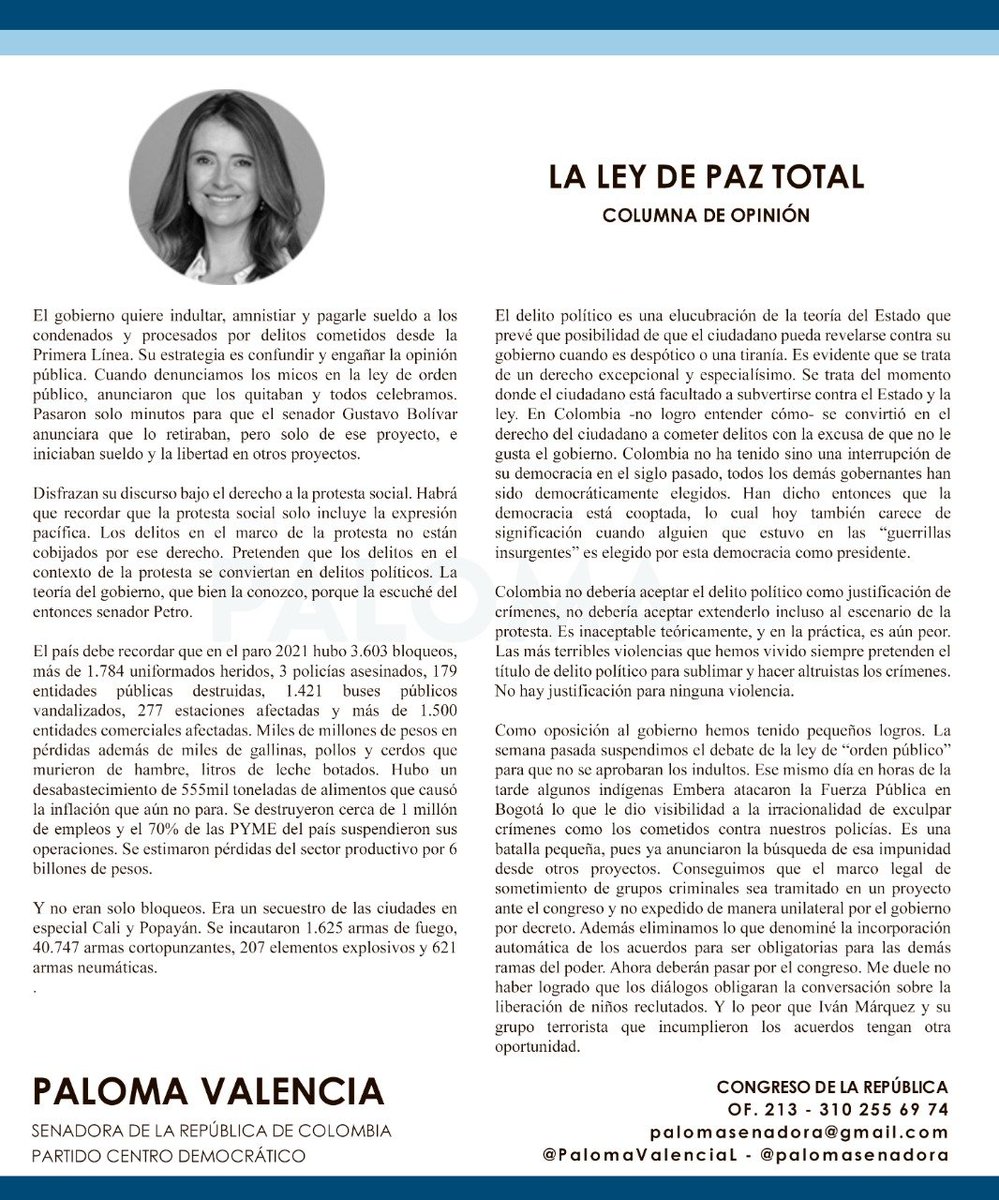 PalomaValenciaL's tweet photo. Colombia no debería aceptar el delito político como justificación de crímenes, no debería aceptar extenderlo incluso al escenario de la protesta.

Mira la columna completa aqui 
👇👇👇 https://t.co/Xa1ueCEV3f