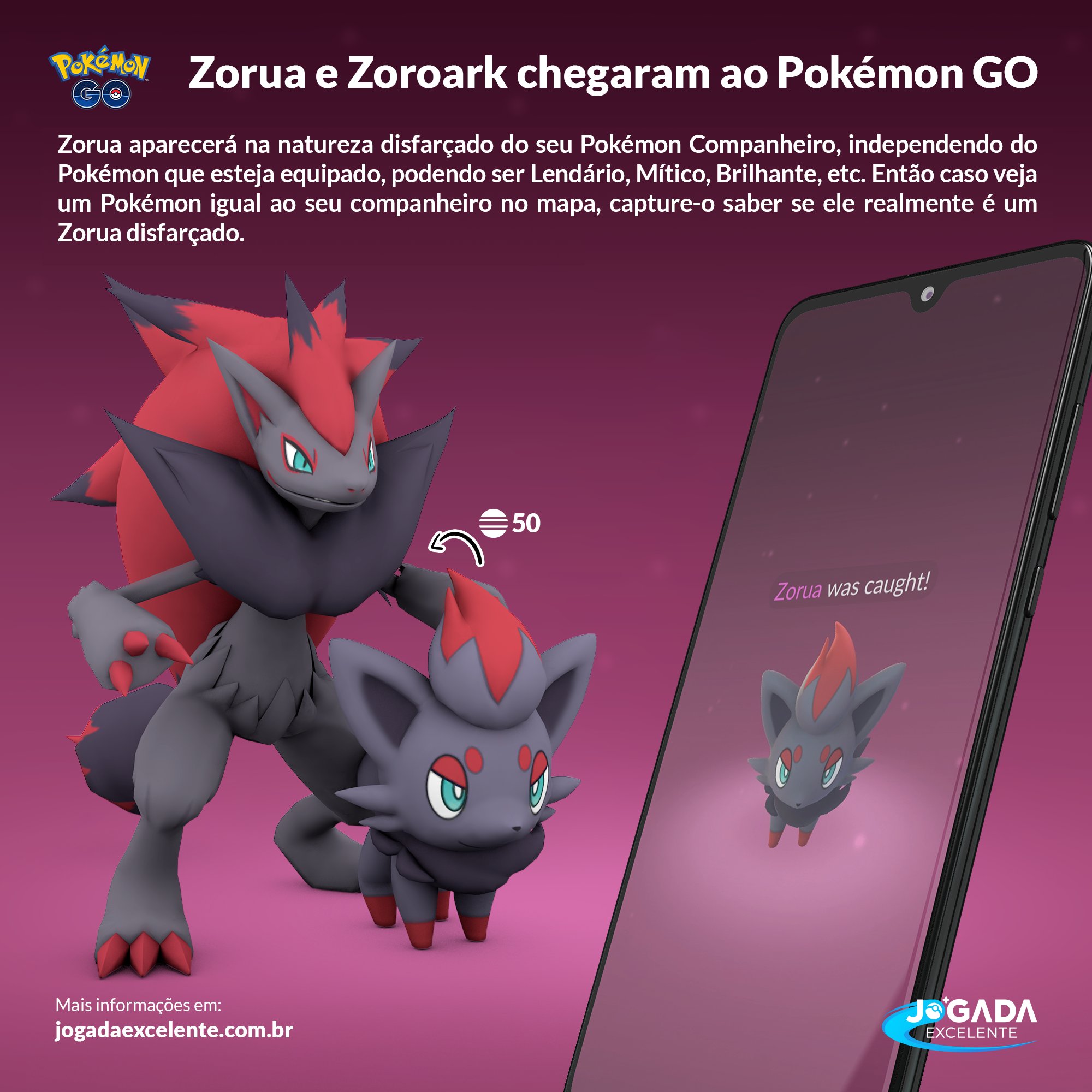 Jogada Excelente on X: Pokémon GO: Zorua e Zorokark estão
