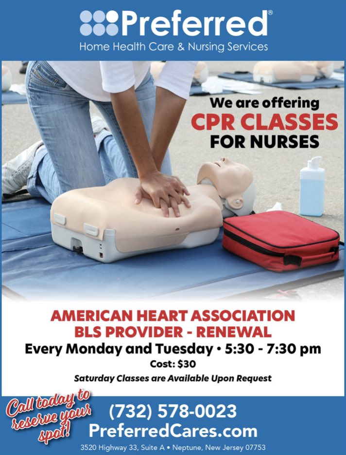 PreferredCares's tweet photo. Now Offering American Heart Association Renewal Certification for BLS Healthcare Provider! 

Call 732.578.0023 to reserve your spot!

#preferredcares #homecare #cpr #cprrecertification #blshealthcareprovider #neptunenj #monmouthcountynj #nurses #nurse #rn #rns #lpn #lpns https://t.co/Yura7hQHTT