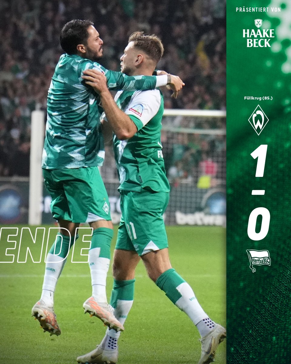 ⏱️90.+3 Min

JAAA! GEHT DOCH!  Wir gewinnen ein umkämpftes Spiel gegen <a href="/HerthaBSC/">Hertha BSC</a> am Ende verdient mit 1:0! Niclas #Füllkrug heißt der Torschütze des Tages!
 
⚽️ 1:0 #SVWBSC | #Werder