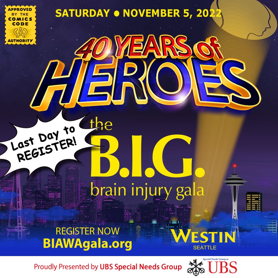 Last Day to Register! Celebrate 40 years of BIAWA and the Superheroes that made it what it is today. 
BIAWAGala.org
Saturday November 5, 2022 @ The Westin Seattle

#braininjurywa
@westinseattle
#westinseattle
@ubs
#ubs
#biawa
#biawagala