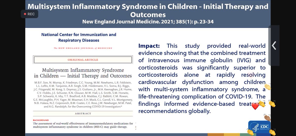 Congrats to the  <a href="/OvercomingCOVID/">OvercomingCOVID19</a> study group! Two of their studies were nominated for the prestigious Charles C Shepard Science Award from the <a href="/CDCgov/">CDC</a>, and yesterday this one took the award in the Prevention &amp; Control Category. Kudos team! nejm.org/doi/full/10.10… #pedsICU