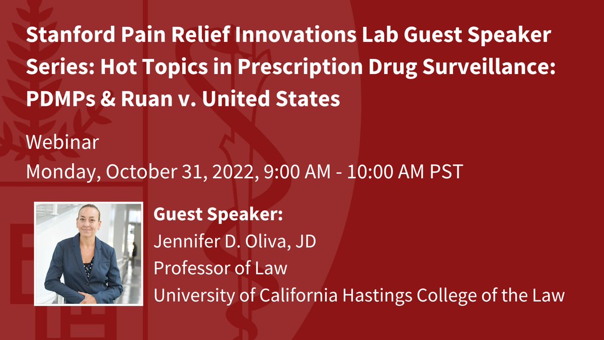 Join us 10/31 for the next Stanford Pain Relief Innovations lab, hosted by Dr. <a href="/BethDarnall/">Beth Darnall, PhD</a>. This month, @jenndoliva will discuss the development, purpose &amp; scope of state prescription drug monitoring programs &amp; their risk scoring algorithm #MedEd #CME

➡️ bit.ly/3Wp3vSa