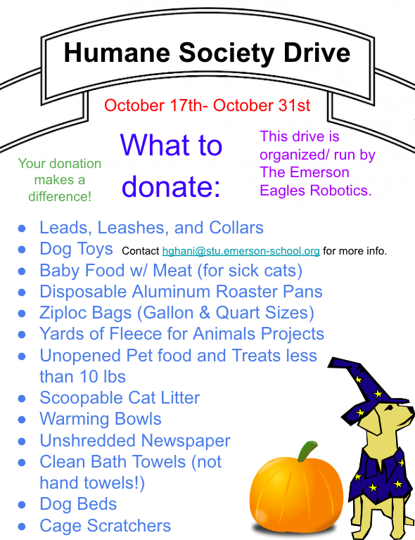 eagles_emerson's tweet photo. A reminder to consider donating to the Humane Society Drive run by our robotics team! Our goal is to keep as many animals as we can happy and safe with our donations at this no-kill shelter this winter season! https://t.co/KbxhQgdZD9