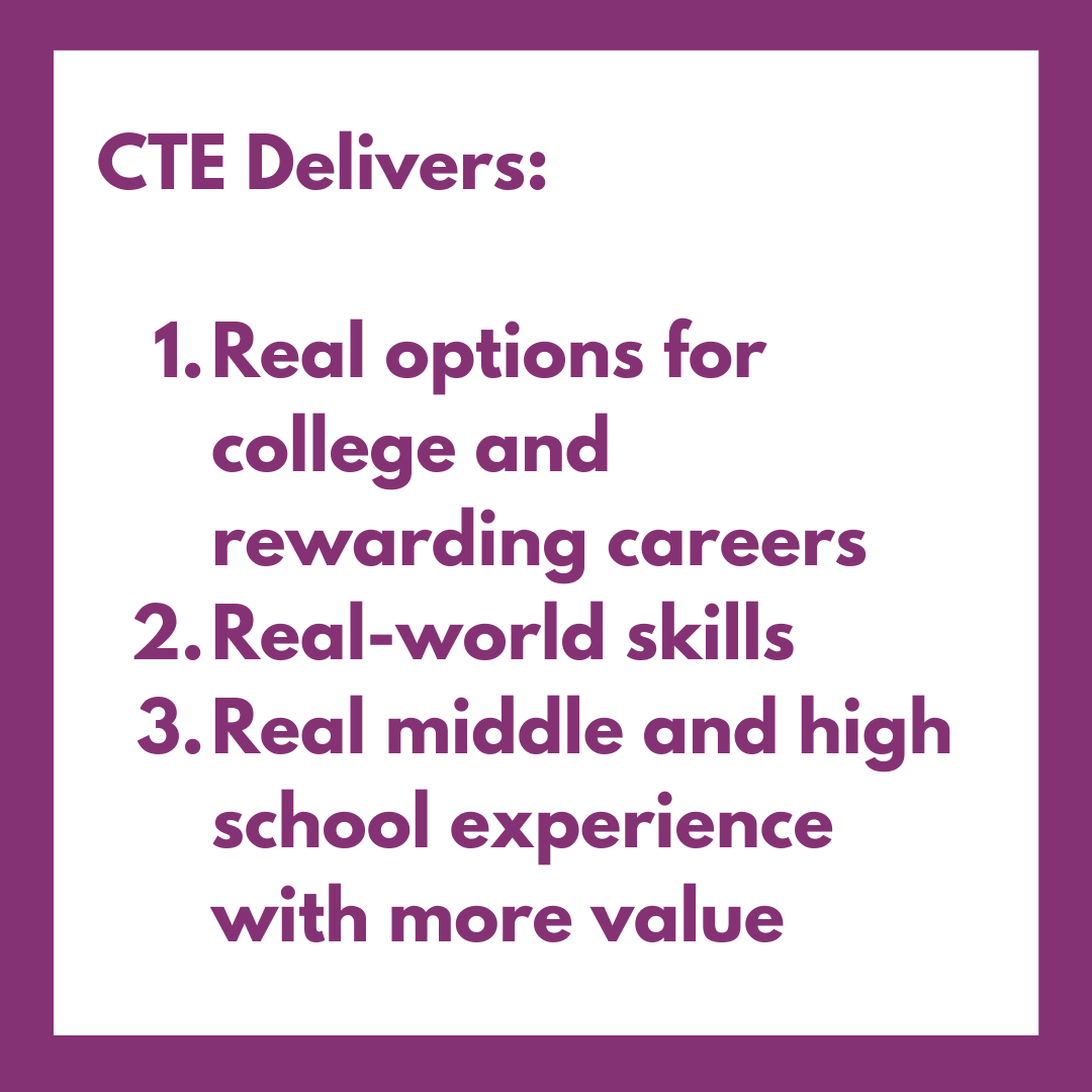 What does CTE do for students? 

CTE delivers:
1. Real options for students for college and rewarding careers
2. Real-world #skills for students
3. Real middle and high school experience with more value for students

#CTEforNC #FactFriday #CTE