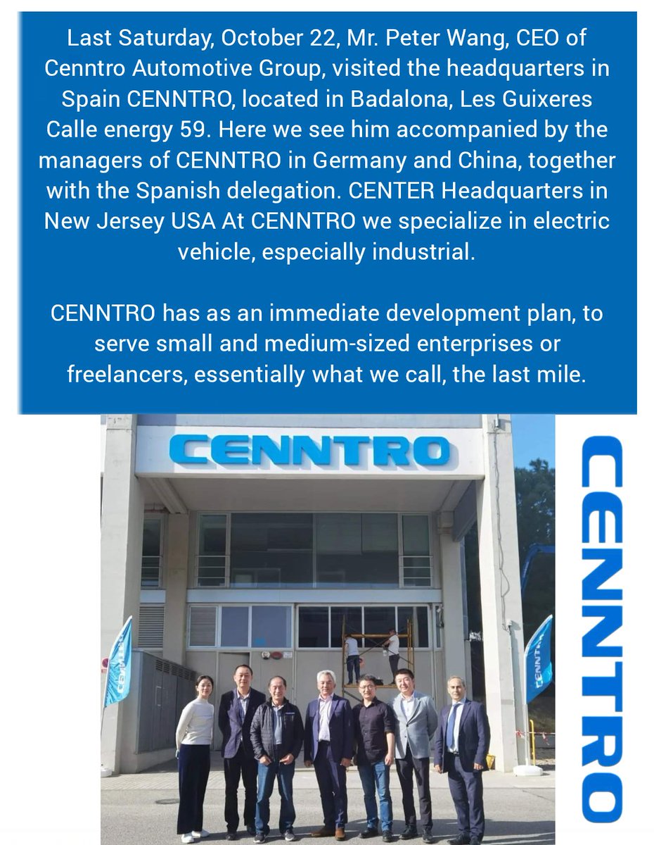 _X_Alex_'s tweet photo. Last Saturday, October 22, 
Mr. #PeterWang, CEO of Cenntro Automotive Group, visited the facilities in Spain CENNTRO, located in Badalona,

#CENN #CENNTRO $CENN
CENN⚡️CENNTRO⚡️CENN
#ELECTRICVEHICLES
ELECTRIC VEHICLES
EV #EV

CENNTRO ESPAÑA 🇪🇸 https://t.co/oSdm0GQ2mY