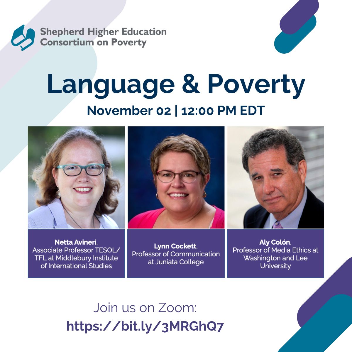 TheSHECP's tweet photo. We are excited to have Profs Avineri, Cockett, &amp; Colón as panelists for our upcoming Language &amp; Poverty event! Tune in on 11/2:  https://t.co/rjvbX7XFhp @juniatacollege • @wlunews • @middlebury 
#middleburyinstitute 
#LanguageandPoverty 
#SHECPSpringboard
#SHECP https://t.co/cYAeGD03BR