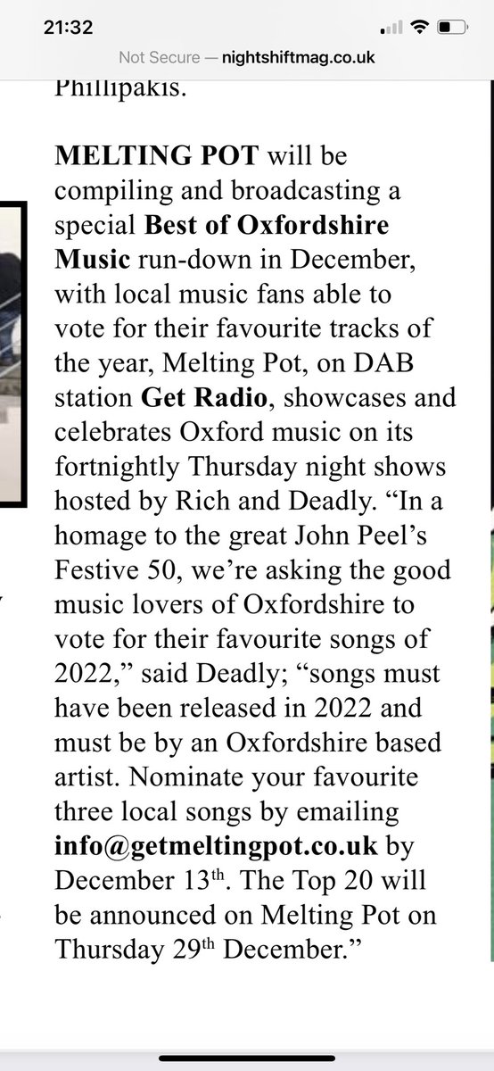 Melting Pot (@getmeltingpot) on Twitter photo As revealed in <a href="/NightshiftMag/">Nightshiftmusicmag</a> we’re aiming to do our very own version of Peel’s Festive 50. You can nominate your 3 favourite songs of 2022 by emailing info@getmeltingpot.co.uk #oxfordshire #localradio #festive50 #nominations - all tracks must be by Oxfordshire based artists. As revealed in <a href="/NightshiftMag/">Nightshiftmusicmag</a> we’re aiming to do our very own version of Peel’s Festive 50. You can nominate your 3 favourite songs of 2022 by emailing info@getmeltingpot.co.uk #oxfordshire #localradio #festive50 #nominations - all tracks must be by Oxfordshire based artists.