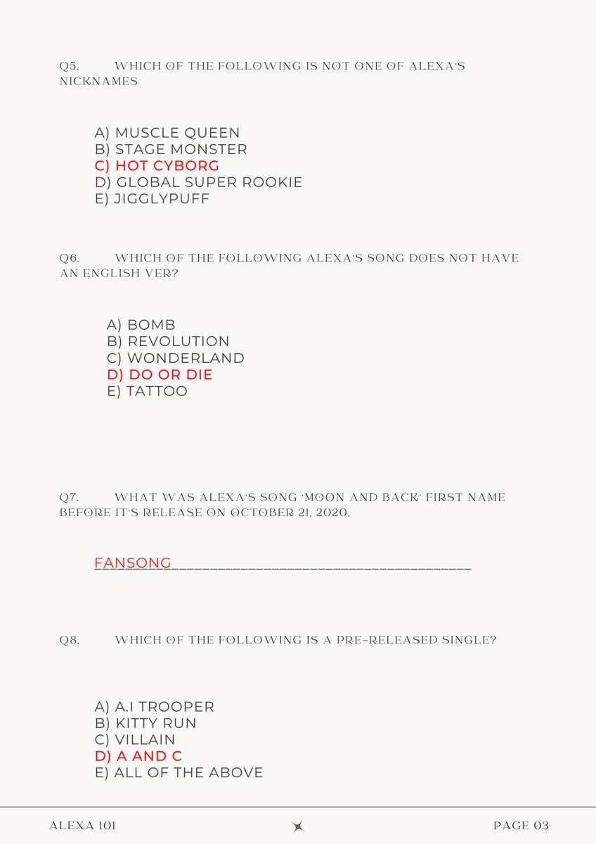 AITrooperUnion's tweet photo. @AleXa_ZB @ZB_LABEL 「#FESTIVEX」
      「Day 29: Quiz 」

Here is the answer key, please grade yourself fairly and share your score with us.

Hope you all did grate!!

-@AleXa_ZB @ZB_LABEL #알렉사 #AleXa #AITROOPER #AI트루퍼 https://t.co/jeQVHAwS7v