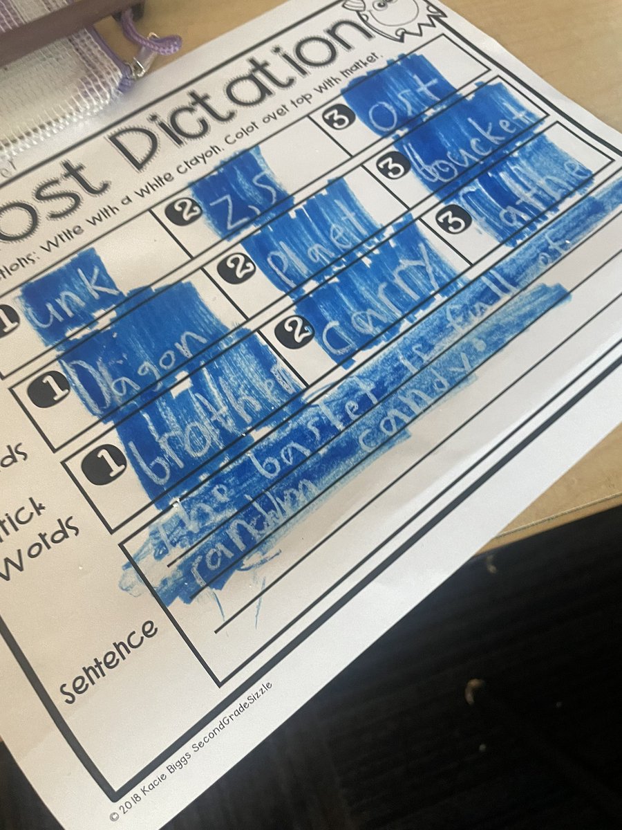 mrsbtrimm's tweet photo. Try this fun multi sensory activity: dictation, students write in white crayon then โrevealโ answer using marker ๐๐ #phonicsinaction @McAllister_ES https://t.co/2ej0QXXLEi