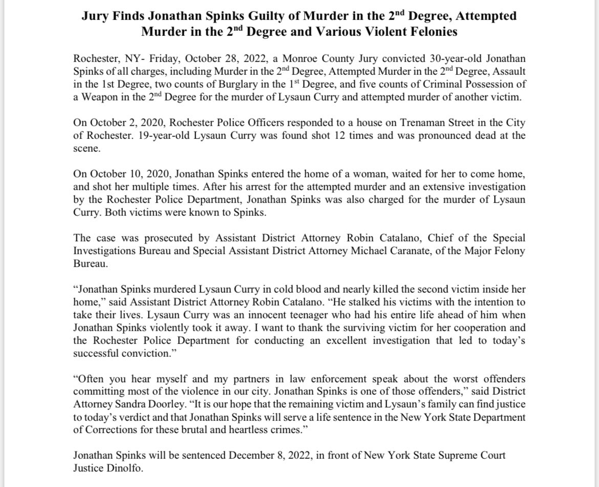 sandra_doorley's tweet photo. Jonathan Spinks was convicted by a jury of Murder 2nd, Attempted Murder 2nd &amp; 8 other violent felonies for the murder of Lysaun Curry &amp; attempted murder of a 2nd victim. Thank you @RochesterNYPD &amp; ADAs Catalano &amp; Caranante for your hard work and dedication on this case. Justice! https://t.co/7W44zKE9oK