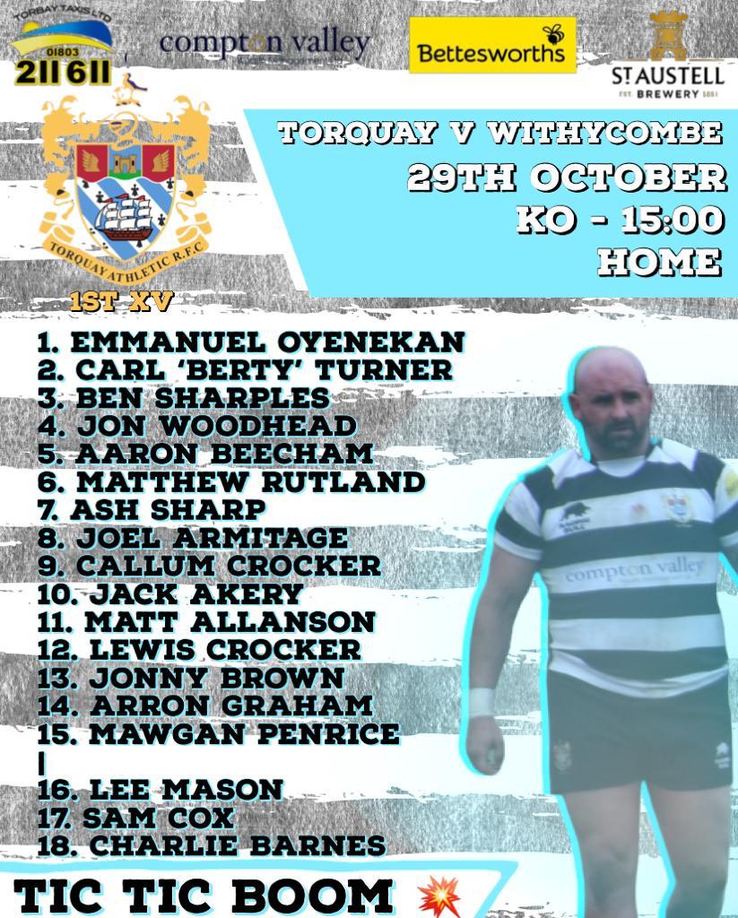 Torquay selection for October 29th.
Torquay Firsts vs Withycombe RFC 3pm The Rec

Torquay U/14s vs Treherbert Rfc 11:30am The Rec
Club opens at 10:30

Remember to follow Torquay Athletic RFC Live for this week's live updates from The Rec.
#TARFC #TicTicBoom #oneclub