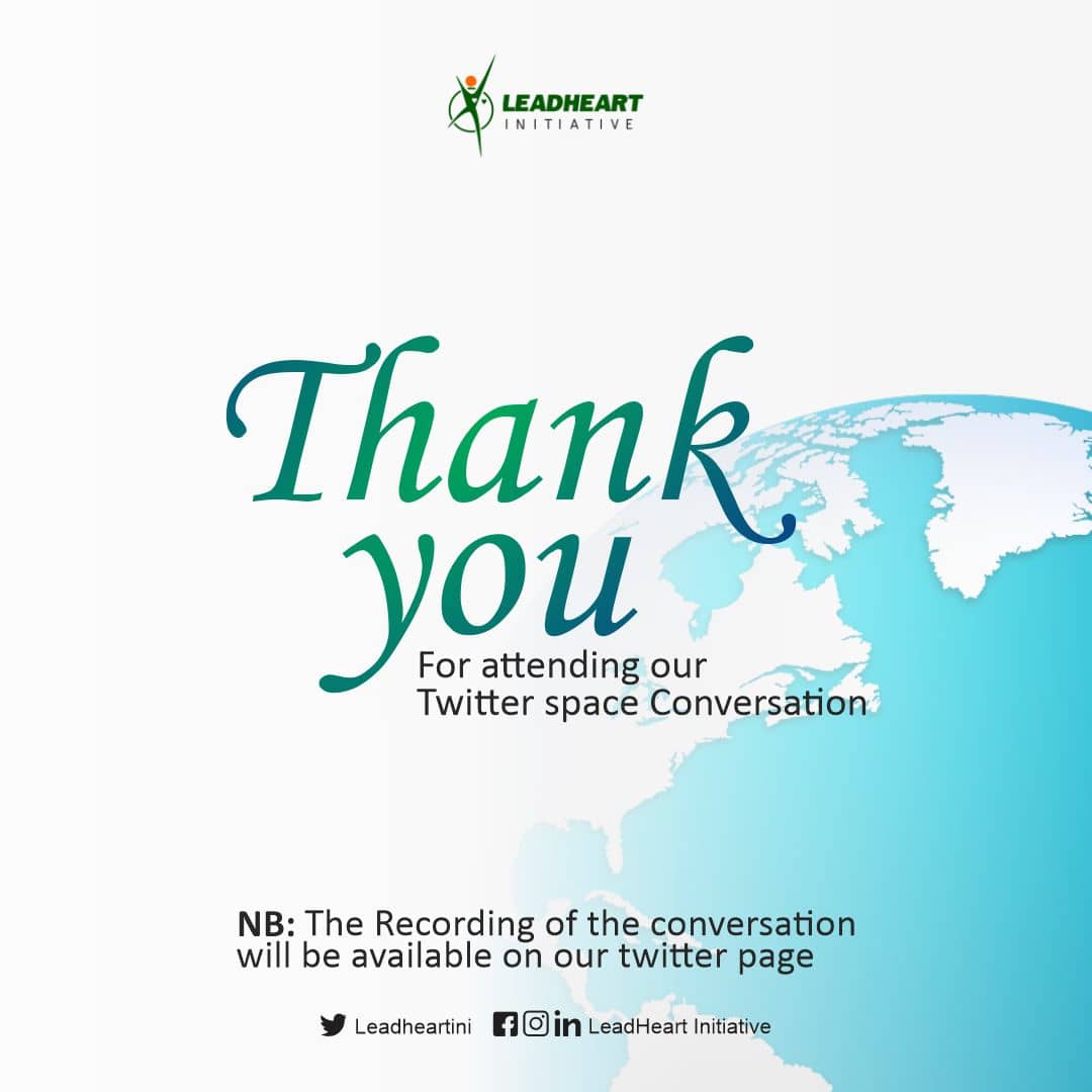 What a session, indeed it was a time well utilized, we appreciate your attention🤍🥂

Thank you for participating in the just concluded twitter space conversation. As we were able to discussed the nitty gritty around Climate Change.

#SDGsAdvocate
#EverythingClimateChange