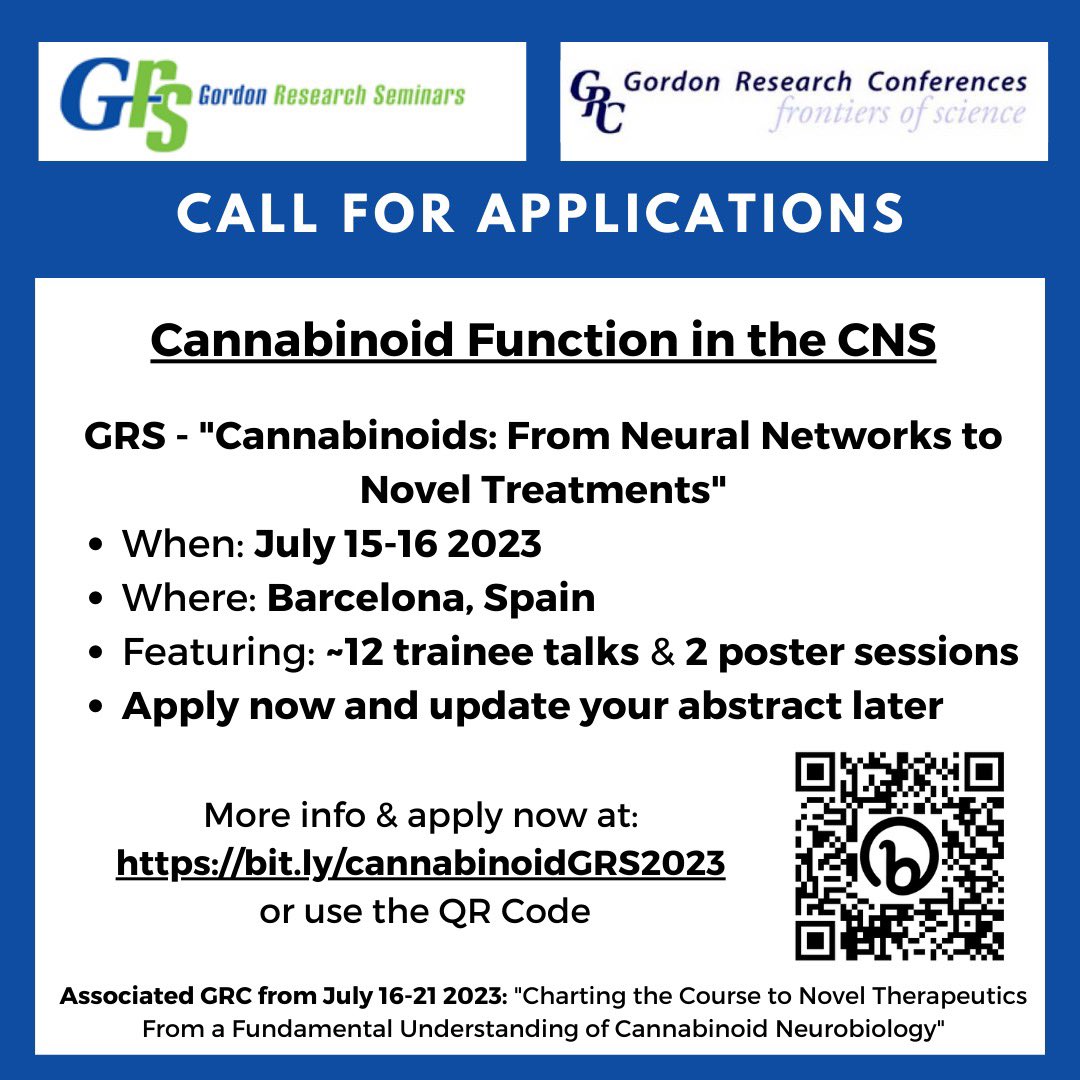 Are you a trainee interested in understanding the physiology of Cannabinoid signaling? Apply to to the Cannabinoid Function in the CNS Gordon Research Seminar! My co-chair @s_baglot and I so excited to be running this conference, to be held July 15-16 2023 in Barcelona!