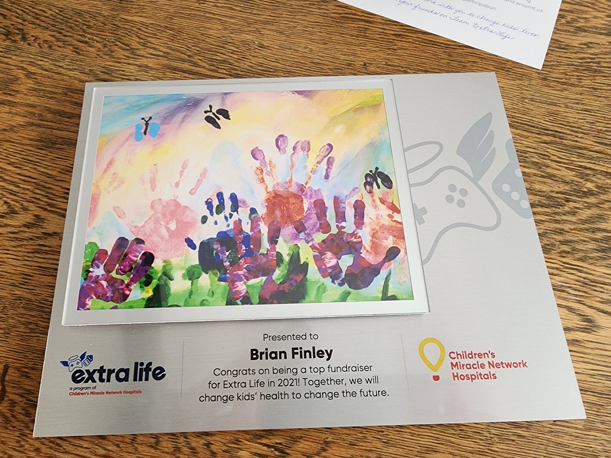 Received this metal plaque in the mail today from <a href="/ExtraLife4Kids/">Extra Life</a>, and I wish it could list all of you for your help last year as well.  Thanks for helping raise money for <a href="/UIchildrens/">UI Health Care Stead Family Children's Hospital</a> . 1w away from this year's 25-hour gaming marathon. Can you donate? extra-life.org/index.cfm?fuse…