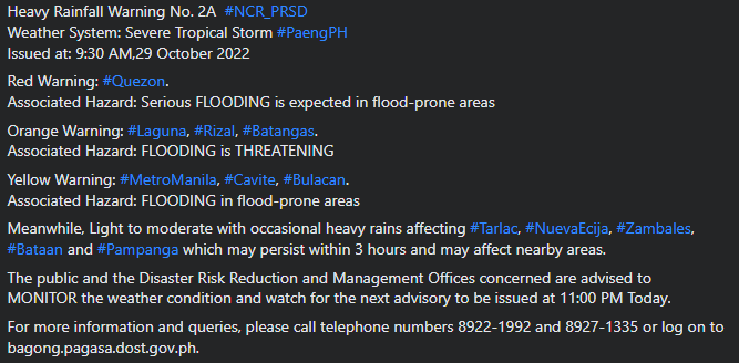 dost_pagasa's tweet photo. Heavy Rainfall Warning No. 2A  #NCR_PRSD
Weather System: Severe Tropical Storm #PaengPH
Issued at: 9:30 AM,29 October 2022 https://t.co/Frbvnfkwwe