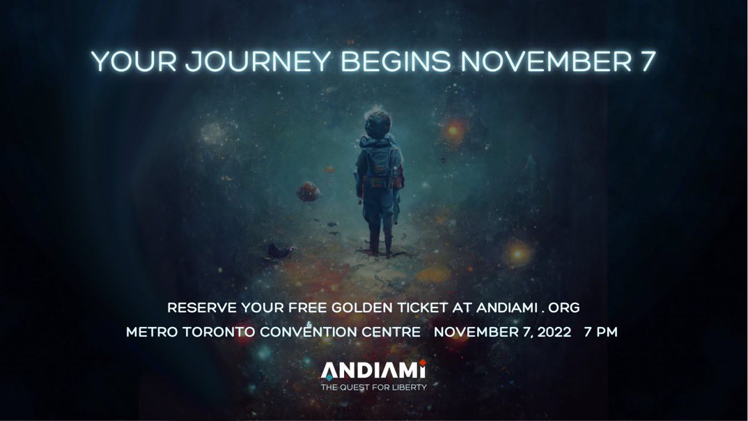 ANDIAMIproject's tweet photo. Join #Ethereum &amp; @DECENTRALca Founder @diiorioanthony as he unveils Andiami: The Quest for Liberty at a special free event on the evening of Nov 7 at @MTCC_Events. Join the no-obligation whitelist at https://t.co/0wpjA01TRs to reserve your free "Golden Ticket" to attend. https://t.co/dLi1njw00l