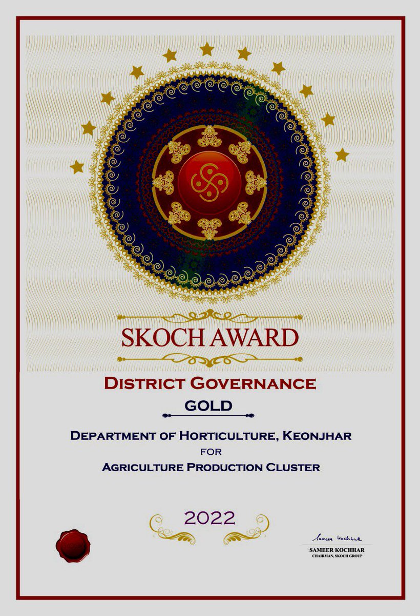 arvindpadhee's tweet photo. Congratulations, Team Horticulture, Keonjhar for the #SKOCHGoldAward 2022 in ‘District Governance’ category for the Agri Production Cluster. We appreciate efforts of all enterprising farmers and NGO partners. Special thanks to @DistAdmKeonjhar &amp; team for the guidance and support. https://t.co/eR7SCxss2y