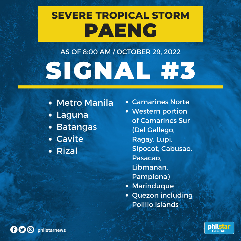 PhilstarNews's tweet photo. SIGNAL NUMBER 3 IN METRO MANILA

PAGASA hoisted Signal No. 3 over Metro Manila and eight other areas as Severe Tropical Storm Paeng may cross the capital region and nearby provinces on Saturday until early Sunday morning.

Here are the following areas with TCWS 👇 https://t.co/HUIBCqNqVU