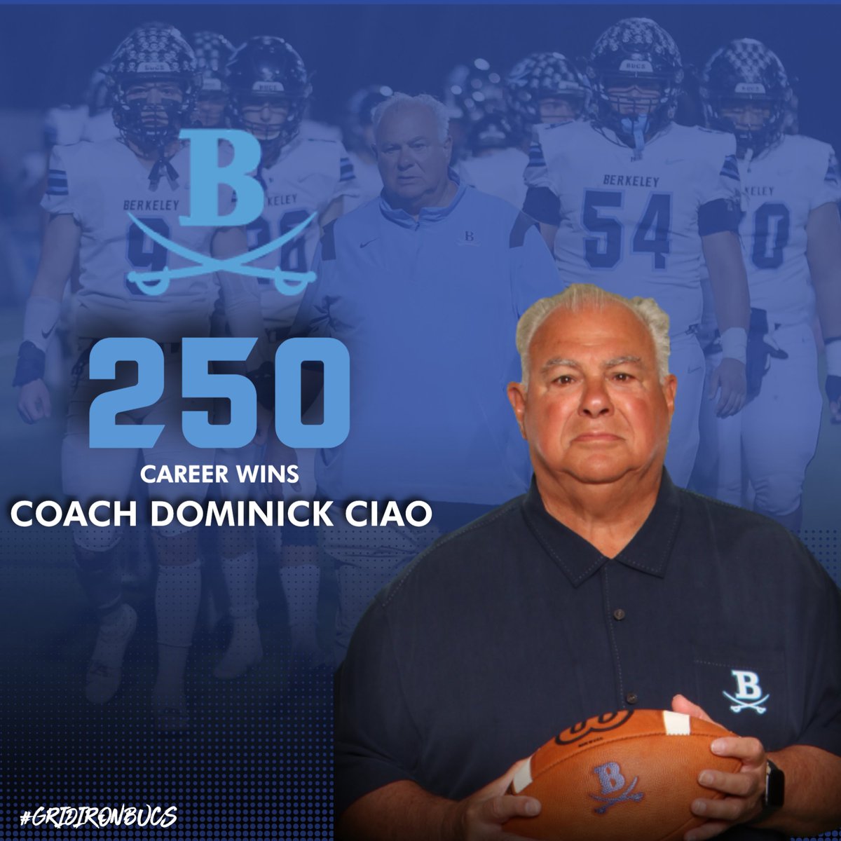 BPS_Athletics's tweet photo. Congratulations to Head Coach Dominick Ciao on capturing his 250th win tonight for Berkeley! WE love and appreciate all you have done on and off the field! @BPS_Football #GridironBucs #GoBerkeleyBucs https://t.co/tn07NdLq2v