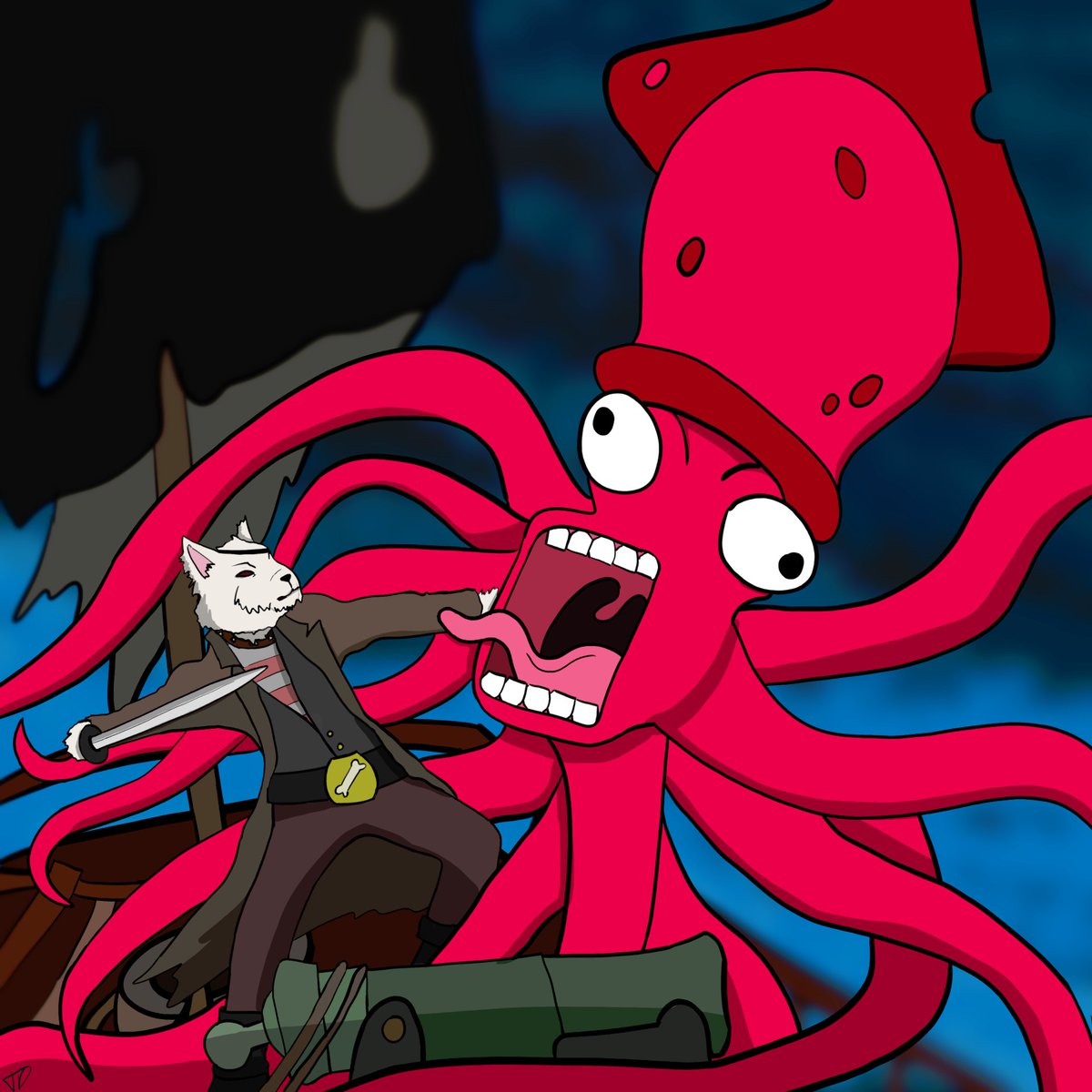 TwistedDaylight's tweet photo. #NerdfArters Day 27 &amp; 28: "Pirate Willy and the Giant Squid of Anger"
A combined drawing as I fell asleep yesterday and I thought these two prompts fit together nicely.
I'm calling it "Captain Willy Sparrow faces of against the Giant Squid of Davey John" https://t.co/XGWjTKwuiW
