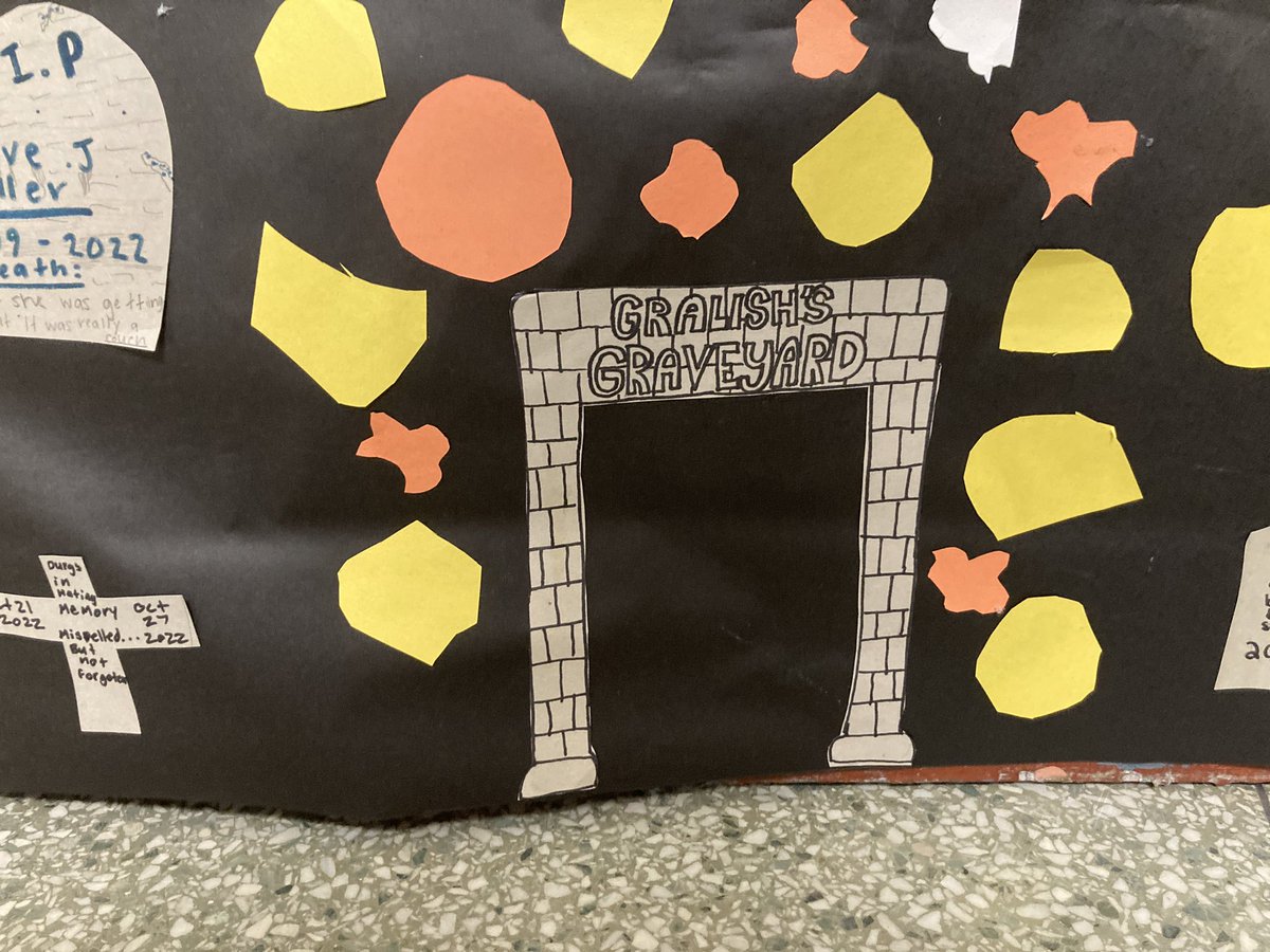 MsGralish's tweet photo. Looking for a spooky scene? Stop by Gralish’s Graveyard/Conklin’s Crypt on the door of Room 265! Bulldawg Block students worked hard to design and create this Halloween door, featuring candy corn trees and a cobblestone path leading up to a haunted house! @MsConklinHMS https://t.co/sNZLtzYJYt