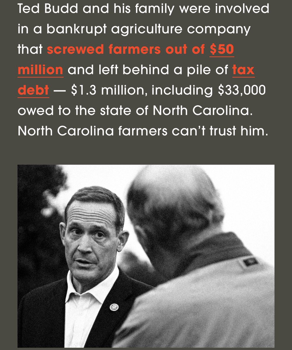 <a href="/joniernst/">Joni Ernst</a> <a href="/TedBuddNC/">Ted Budd</a> <a href="/GrassleyWorks/">Grassley Works</a> Ted Budd’s family business failed, they paid themselves and shortchanged farmers out of millions. He is no friend farmers he steals from them and the people of North Carolina.

<a href="/CheriBeasleyNC/">Cheri Beasley</a> will work for the farmers the to thrive not strive in North Carolina!
#ncpol #NCvotes22