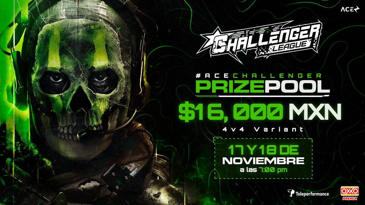⚡️¿Estás listo? ¡La ACE Challenger League llegó!
🎮Demuestra tus habilidades en éste torneo 4v4 Variant de MWII
💰Prizepool $16,000 mxn
📺Transmisión por twitch.tv/ligaaceesports

#ACECHALLENGER | <a href="/Tiendas_OXXO/">Tiendas OXXO</a> | #Teleperformance
