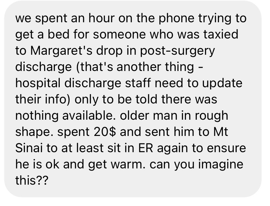 lorrainelamchop's tweet photo. there is nowhere for people to go. hospitals are sending post-op homeless people to nowhere becuase Nowhere is the only thing available. #sheltercrisisTO #housingcrisisTO https://t.co/arFrSrajBz