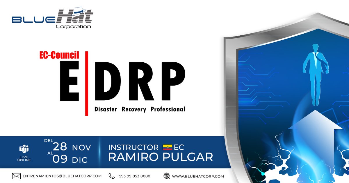 BlueHatCorp's tweet photo. Aprende cómo desarrollar planes de recuperación ante desastres y continuidad del negocio en toda la empresa con la certificación #EDRP de #EC-Council.

Contáctanos para mayor información
✉️ entrenamientos@bluehatcorp.com
📱+593 99 853 0000 https://t.co/X3KMtYtgGF