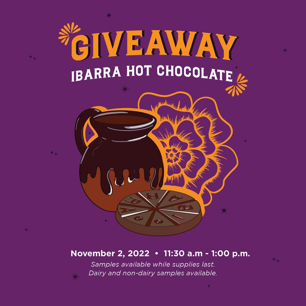 Get ready for an Ibarra hot chocolate giveaway next Wednesday, November 2! We'll be there from 11:30 a.m. to 1:00 p.m. in the SURC, so you can get a tasty drink while supplies last. 

#CWUEats #CWUDining #CWU
