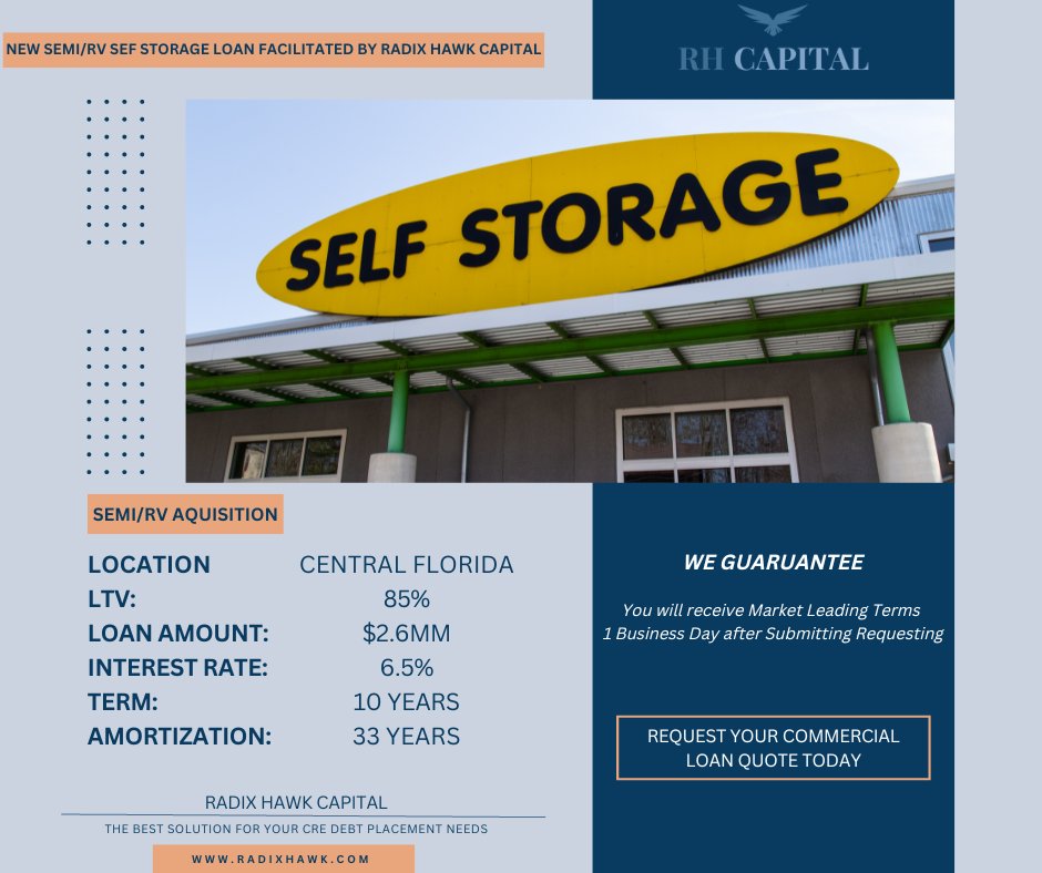 Radix Hawk Capital Facilitates New $2.6 Million Semi Truck and RV Self Storage Acquisition and Construction Commercial Real Estate Loan!

Radix Hawk Capital Guarantees we will achieve the Best Terms Offered for your CRE lending needs within 1...