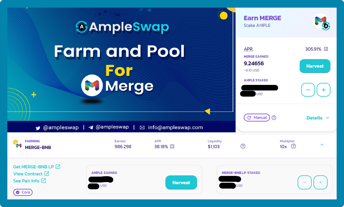 Dfwplay's tweet photo. +300% Staking &amp; 10x FARM @ampleswap
Stake $AMPLE to Earn $MERGE or 
FARM MERGE-BNB LP to Earn $AMPLE
Goto https://t.co/RwXi4f5LGX to start earning

@rocketbotpro post your earning for MERGE tip
#AmpleSwap #MERGE #BSC  #BNBChain #BNB https://t.co/jg6YIYaA9V