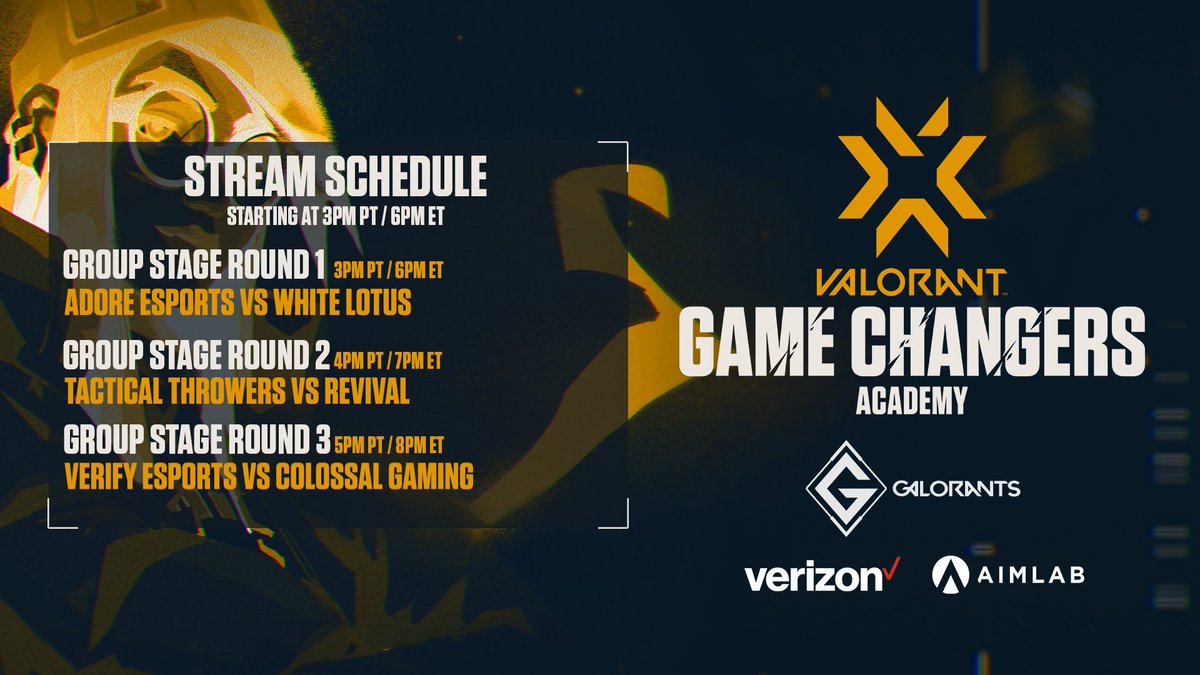 Galorants (@galorants) on Twitter photo Kicking off #VCTGameChangers Academy with some banger matchups! 💥
🔷 ROUND 1
🔶<a href="/AdoreEsports_/">Adore Esports</a> ⚔️ White Lotus
🔷 ROUND 2
🔶 @TacThrowVal ⚔️ <a href="/REVIVALval/">Revival</a>
🔷 ROUND 3
🔶 <a href="/VerityES/">Verity Esports</a> ⚔️ <a href="/ColossalBlack/">Colossal Gaming 🕸️</a>
🔴 LIVE NOW — tune in!
⚔️ bit.ly/Oct-GCA-Groups
📺 twitch.tv/Galorants Kicking off #VCTGameChangers Academy with some banger matchups! 💥
🔷 ROUND 1
🔶<a href="/AdoreEsports_/">Adore Esports</a> ⚔️ White Lotus
🔷 ROUND 2
🔶 @TacThrowVal ⚔️ <a href="/REVIVALval/">Revival</a>
🔷 ROUND 3
🔶 <a href="/VerityES/">Verity Esports</a> ⚔️ <a href="/ColossalBlack/">Colossal Gaming 🕸️</a>
🔴 LIVE NOW — tune in!
⚔️ bit.ly/Oct-GCA-Groups
📺 twitch.tv/Galorants