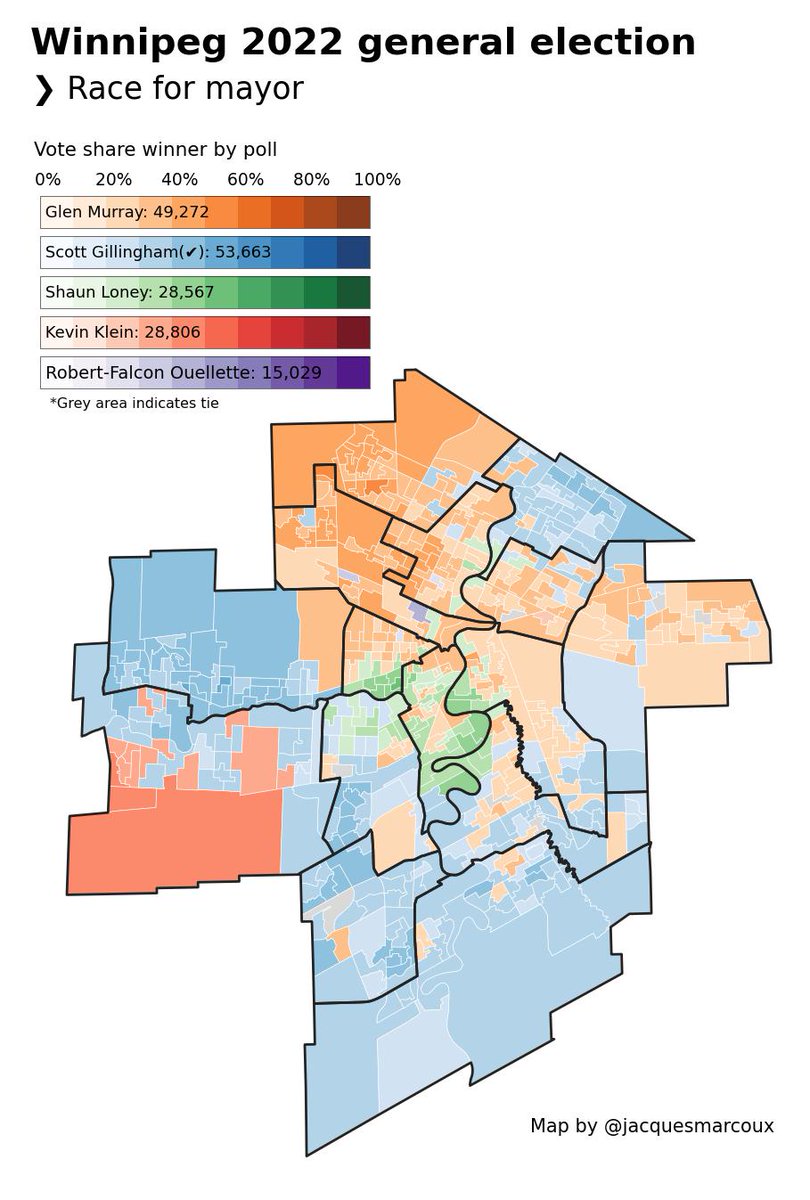 jacquesmarcoux's tweet photo. More maps... and an improved mayoral victory map to boot (better colours assignment) @tombrodbeck : https://t.co/3MafTtw78H