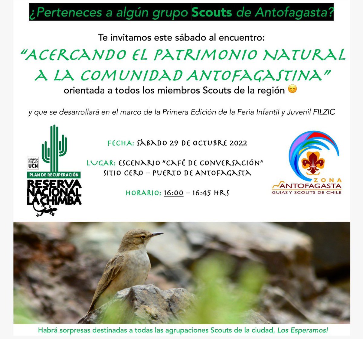 Este SÁBADO! 4pm en la FILZIC #Antofagasta

Invitamos a la Comunidad Scouts a acompañarnos n este encuentro 👇🌵

<a href="/agschile/">Guías y Scouts Chile</a> 
<a href="/CirculoAntofa/">Circulo de Guias y Scouts por Siempre Antofagasta</a>