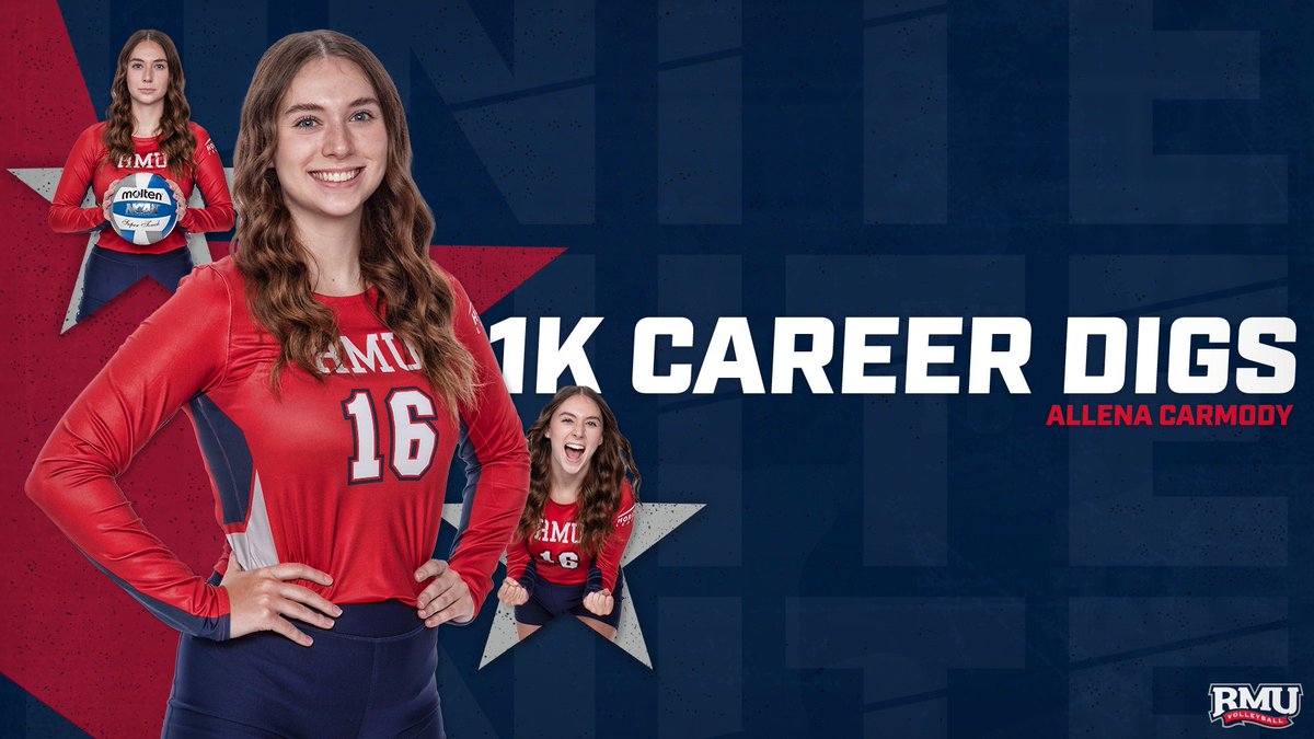 There it is‼️

Thanks to her first dig of tonight’s match at IUPUI, senior libero Allena Carmody became the 14th member of the RMU 1,000-Dig Club. 

Congrats, Allena‼️

#BobbyMo | 🔵🏐🔴 | #RMUnite