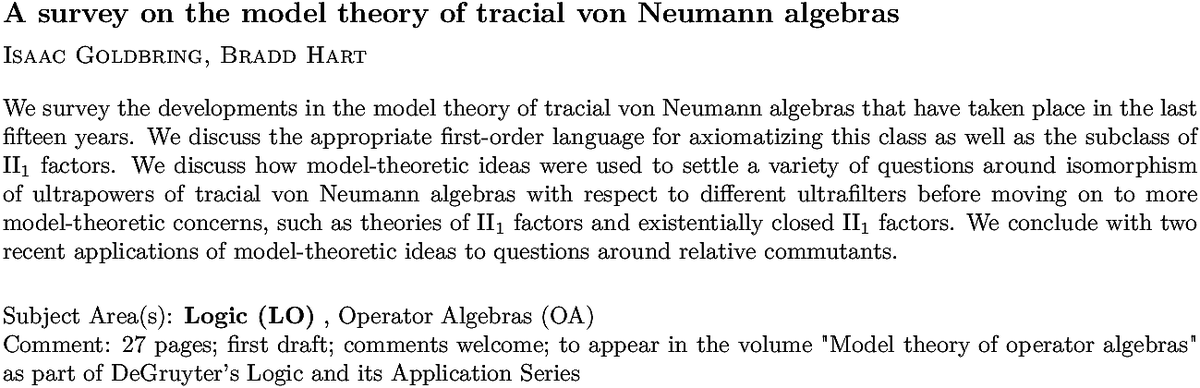 arxiv.org/abs/2210.15508…
I Goldbring, B Hart
A survey on the model theory of tracial von Neumann algebras