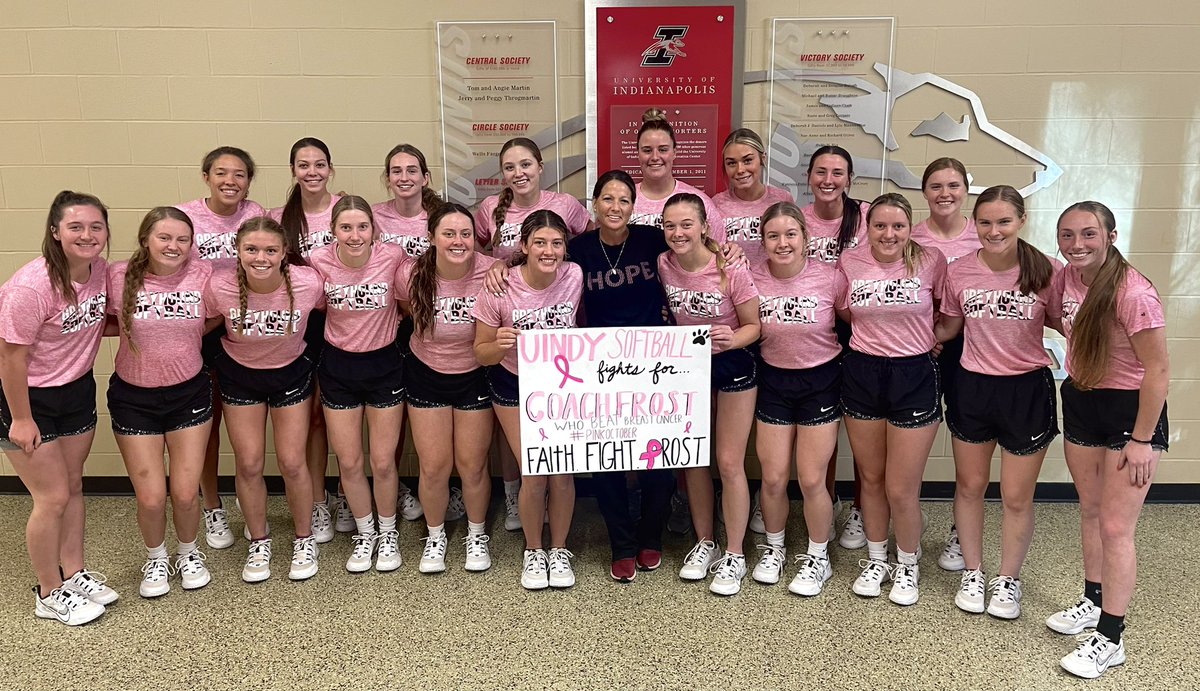 October holds a special place in UIndy Softball’s hearts. It’s Breast Cancer Awareness Month, so we want to show love and appreciation to Coach Frost who BEAT breast cancer. She is one of the strongest women we know. We fight for her and continue to spread awareness for others!💗