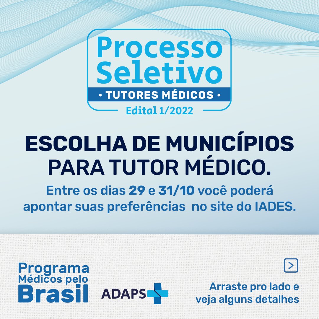 adapsbrasil's tweet photo. Amanhã, dia 29/10, começa o Primeiro Chamamento para Ocupação de Vagas ao cargo de Tutor Médico do Processo Seletivo do Programa Médicos pelo Brasil e a plataforma fica disponível até dia 31/10 às 20 horas. Acesse o link e confira: https://t.co/y6DL9pQSuQ https://t.co/QrFvDGGLOG