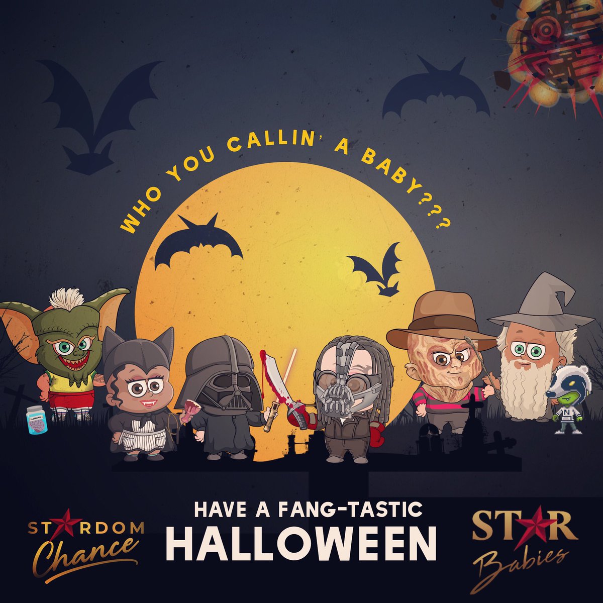 NexusEcosystem's tweet photo. STARBabies are obsessed with dress-up! So, thus year they went all out with ghoulish fun! Happy Halloween from Stardom Chance and the STARBabies NFTs! 🐈‍⬛🧛🏼‍♀️🧌🧟‍♀️🎃#starbabies #nft #nftlaunch #stardomchance https://t.co/PkPIw8IZhQ
