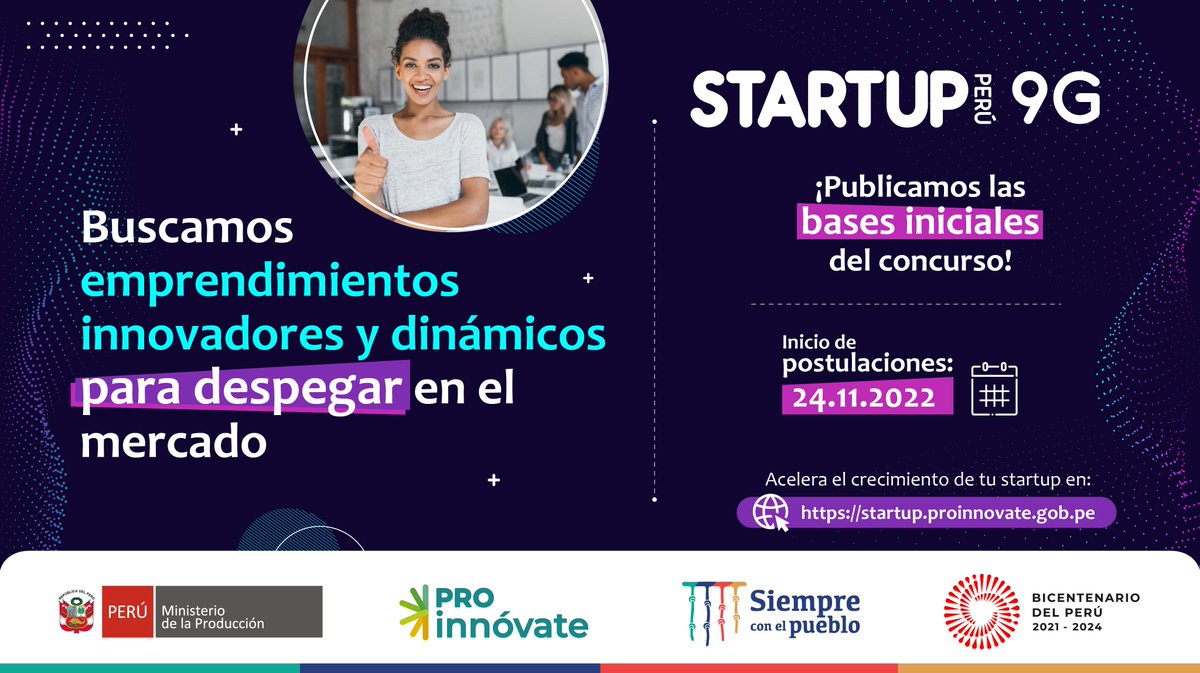 ¡VUELVE STARTUP PERÚ! 🔝
El concurso de emprendimientos innovadores y emprendimientos dinámicos de #ProInnóvate que otorga capital semilla no reembolsable, desde S/ 60,000 hasta S/ 140,000, así como acompañamiento técnico.

Bases iniciales en: ⌨️ startup.proinnovate.gob.pe 

1/2